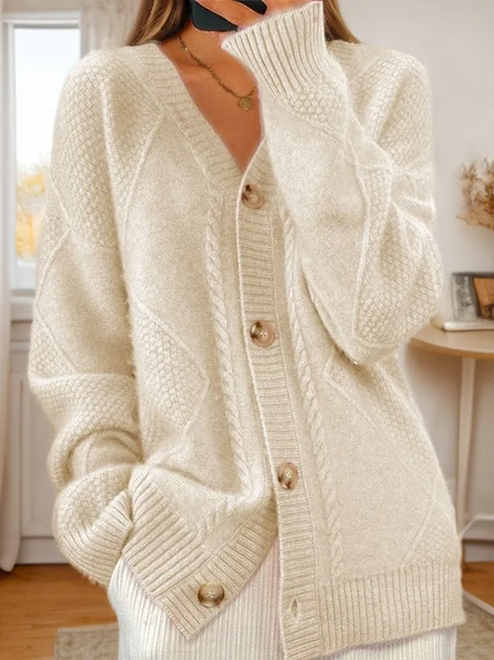 Casual Plain V Neck Cardigan