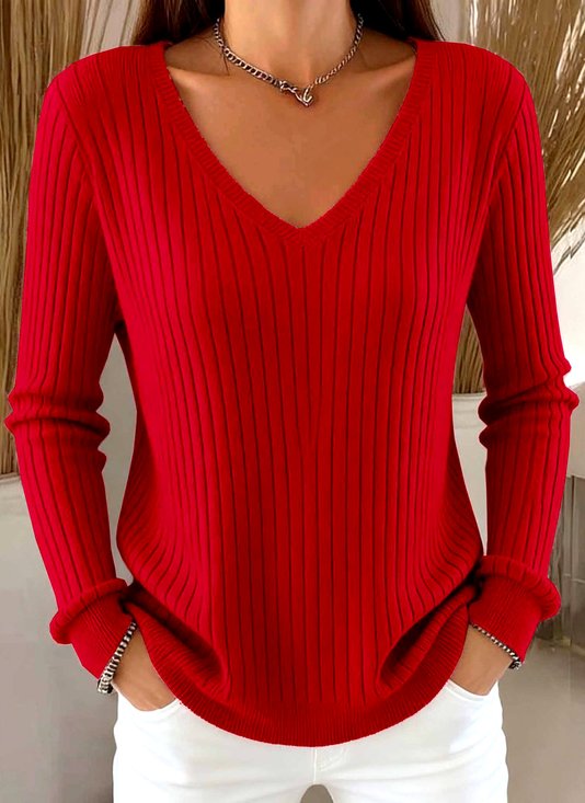 Women Plain V Neck Casual Long Sleeve T-shirt