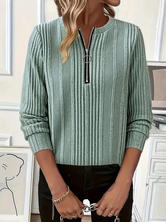 Casual Plain Zipper Crew Neck Blouse