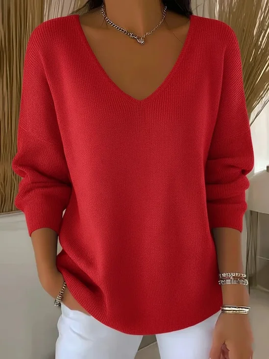 Women Plain V Neck Casual Long Sleeve T-shirt