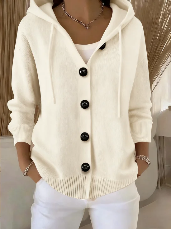 Women's Single-breasted Solid Color Hooded Drawstring Knitted Cardigan Sweater