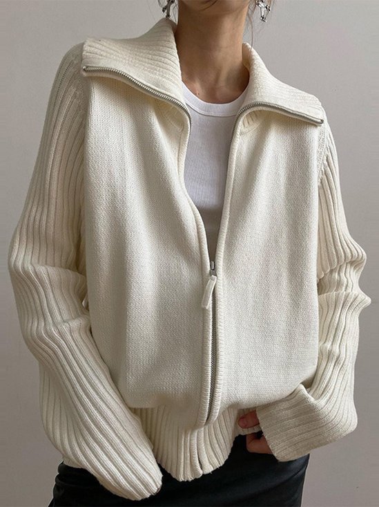 Casual Plain Stand Collar Cardigan