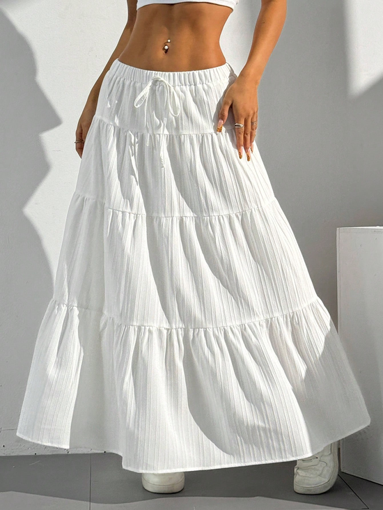 Solid Color Midi Skirt With Elastic Waist And Tie Full Skirt Loose And Long