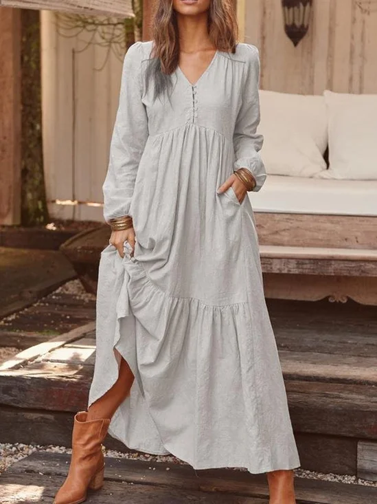 V Neck Elegant Loose Cotton Dress With No
