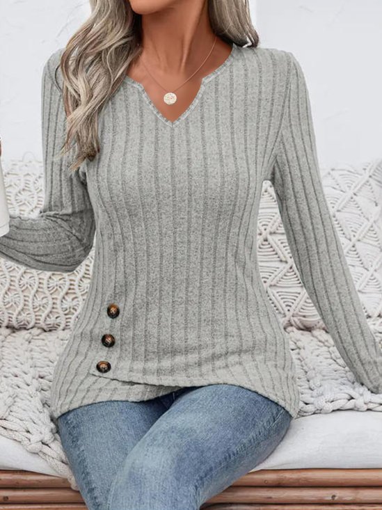 Women Plain V Neck Elegant Long Sleeve T-shirt