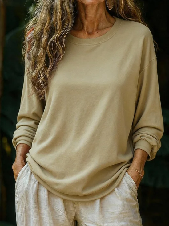 Women Plain Crew Neck Casual Long Sleeve T-shirt