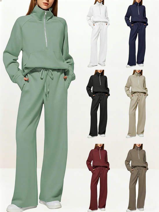 Loose Stand Collar Zipper Plain Sweatshirts and Sweatpants Casual Two-Piece Set