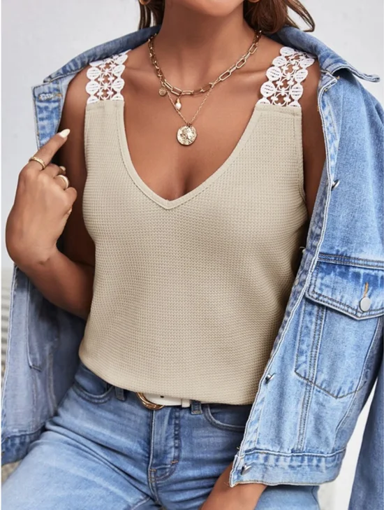 Elegant Lace Block V Neck Regular Fit Casual Tank Top
