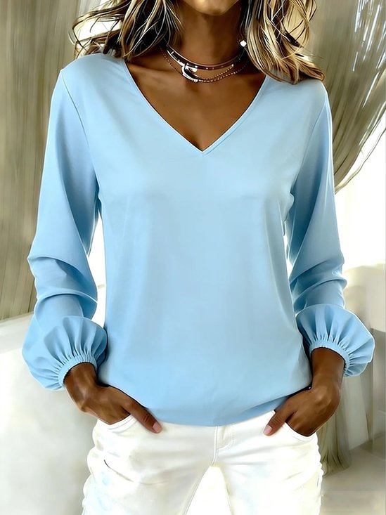 Casual Plain V Neck Long SleeveBlouse
