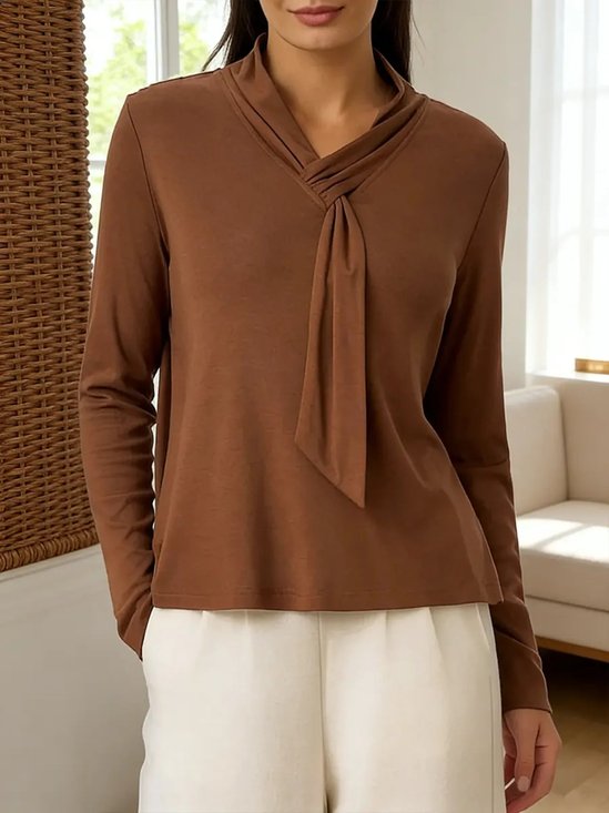 Women's Long Sleeve Shirt Spring/Fall Coffee Plain Split Joint Mock Neck Daily Going Out Casual Top