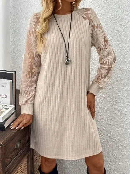 Women's Long Sleeve Spring/Fall Khaki Plain Split Joint Crew Neck Daily Going Out Vintage Midi A-Line Fit & Flare Dress Dress