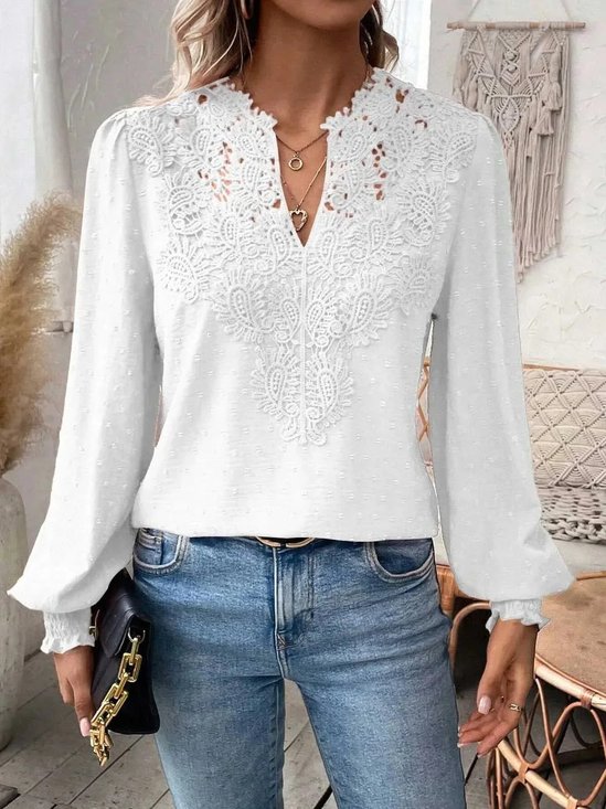 Women's Long Sleeve Shirt Spring/Fall White Plain Split Joint V Neck Daily Going Out Casual Top
