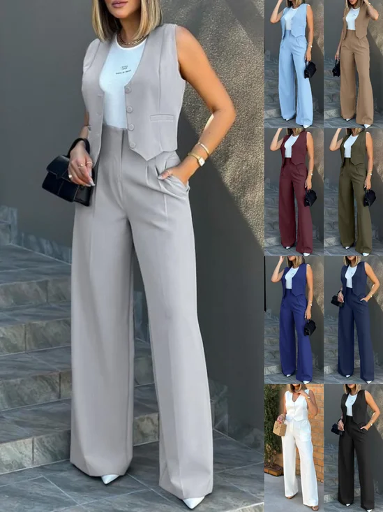 Women's Split Joint Plain Daily Going Out Two-Piece Set Light Gray Casual Spring/Fall Top With Pants Matching Set