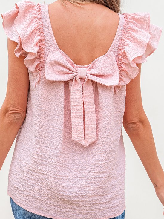 Plain Vacation Regular Fit Crew Neck Elegant Ruffle Bow Tie Valentine's Day  Going Out Casual Top