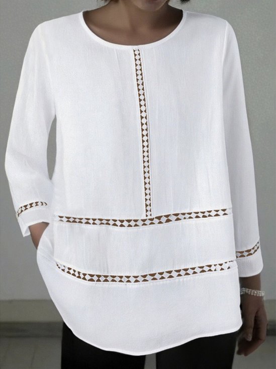 Casual Plain Lace Edge Crew Neck Blouse