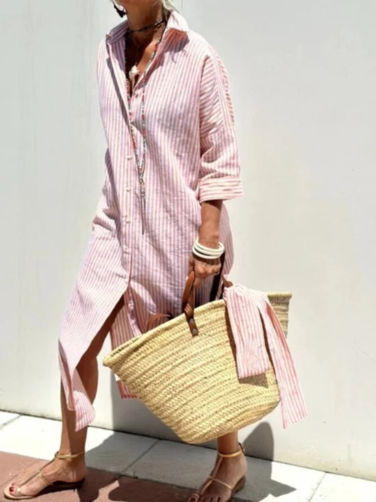 Casual Striped Shirt Collar Midi Dress