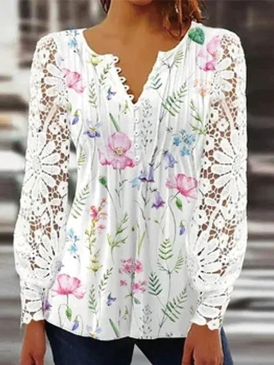 Lace Casual Loose V Neck Jersey Blouse