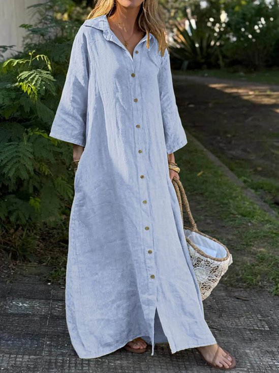 Casual Plain Shirt Collar Maxi Dress