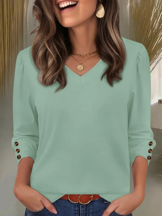 Women Plain V Neck Casual Long Sleeve T-shirt