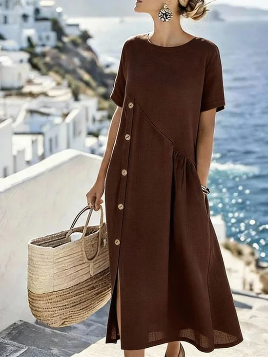 Casual Plain Buttoned Crew Neck Midi Dress