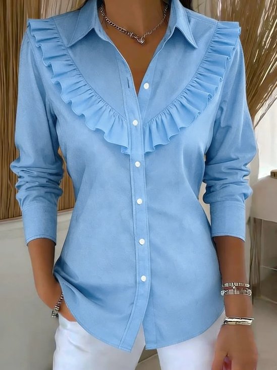 Cotton Casual Plain Peplum Shirt Collar Shirt