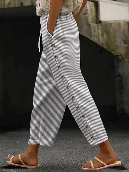 Women's  H-Line Baggy Pants Daily Going Out Pants Blue Casual Buckle Striped Spring/Fall Pants