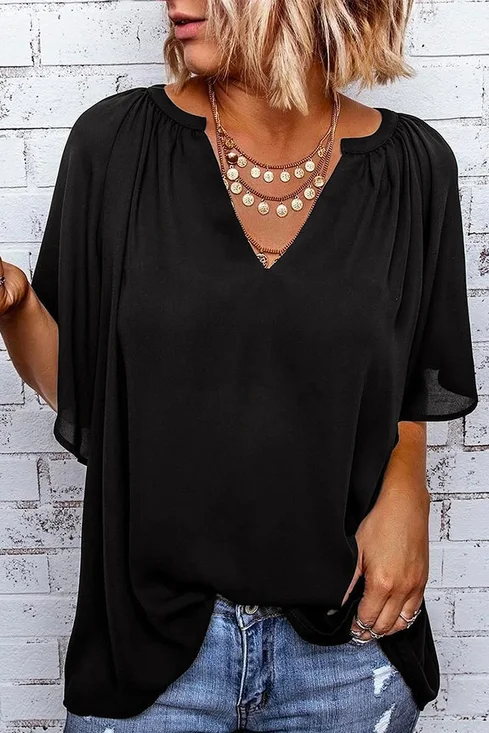 Women Plain V Neck Elegant Short Sleeve T-shirt
