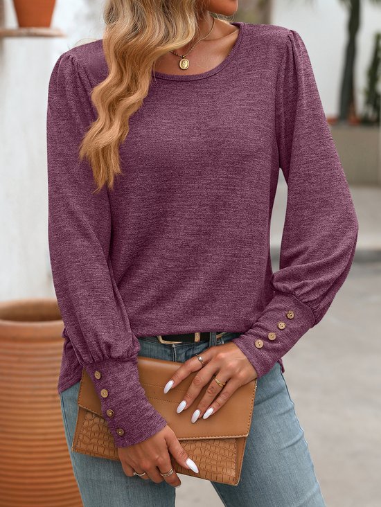 Women's Long Sleeve Shirt Spring/Fall Purple Plain Split Joint Cotton-Blend Crew Neck Daily Going Out Casual Top