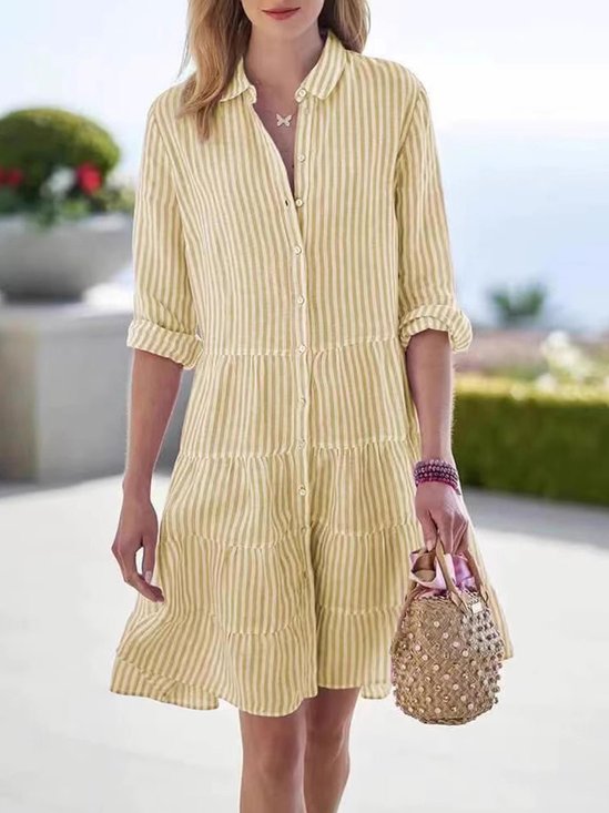 Casual Striped Shirt Collar Knee Length Dress