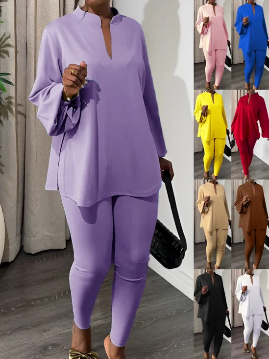 Women's Embossed Plain Daily Going Out Two-Piece Set Purple Casual Spring/Fall Top With Pants Matching Set