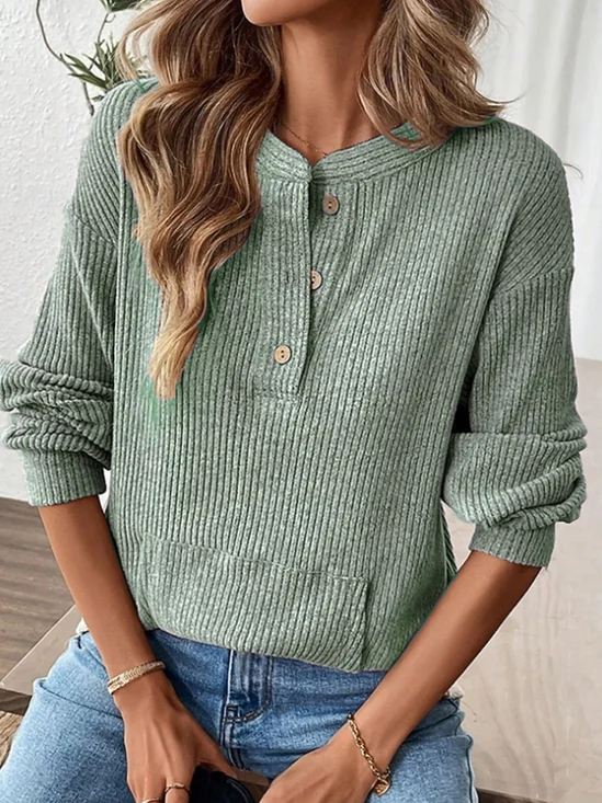 Women Plain V Neck Casual Long Sleeve T-shirt