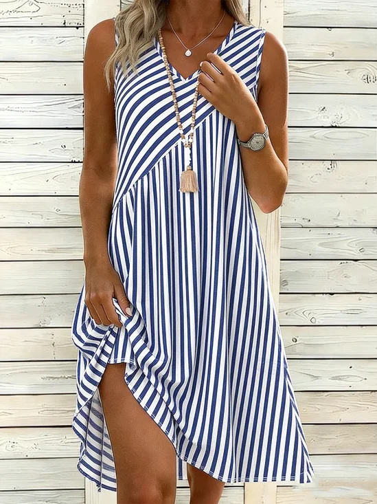 Striped Casual Loose V Neck Dress With No