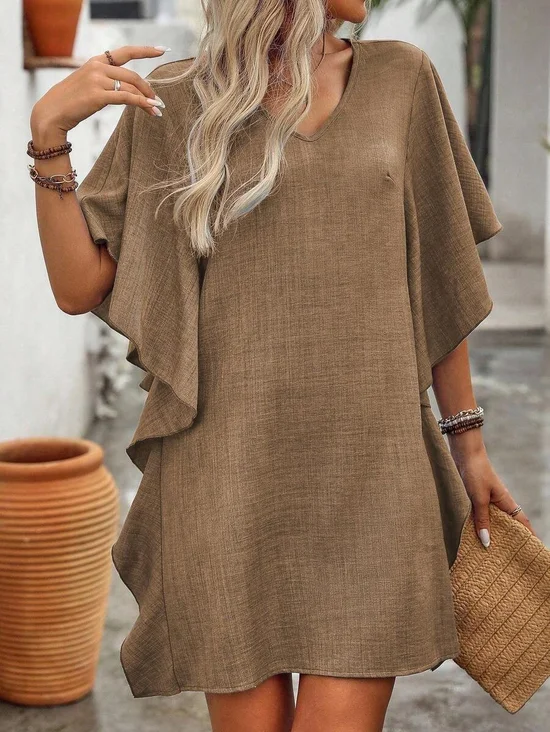 Women's Short Sleeve Summer Khaki Plain Split Joint V Neck Daily Going Out Vintage Mini A-Line Ruffle Skirt Dress