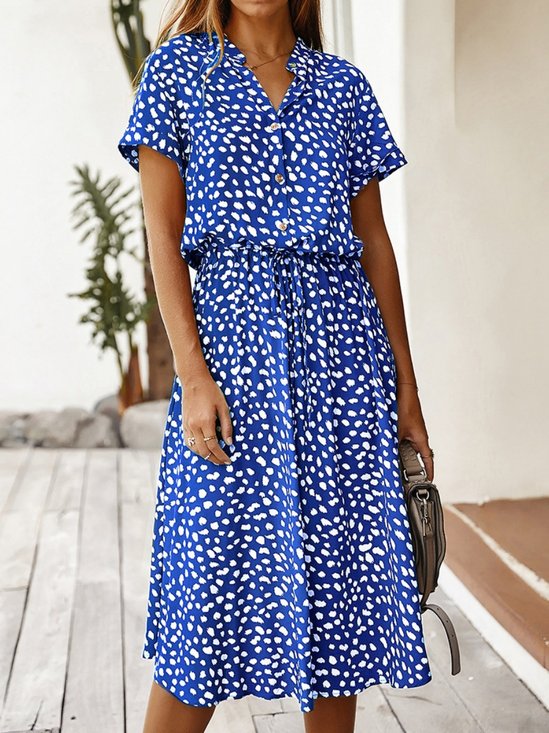 Women's Short Sleeve Summer Blue Polka Dots Split Joint V Neck Daily Going Out Vintage Maxi A-Line T-Shirt Dress Dress