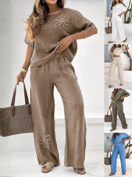 Women's Embossed Plain Daily Going Out Two-Piece Set Brown Casual Summer Top With Pants Matching Set