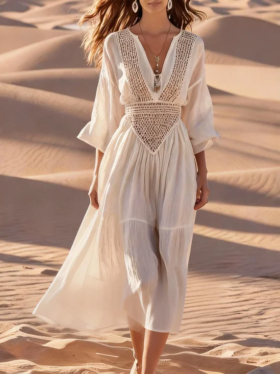 Regular Fit V Neck Casual Plain Dress With No