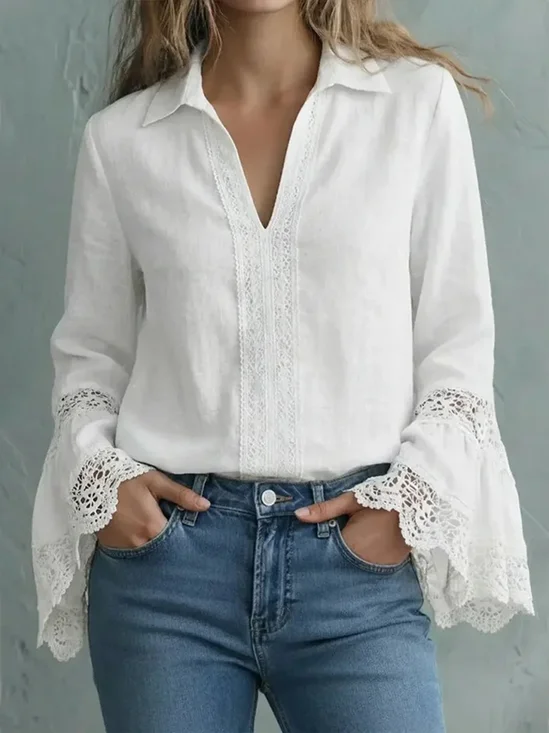 Casual Plain Lace Edge Shirt Collar Shirt