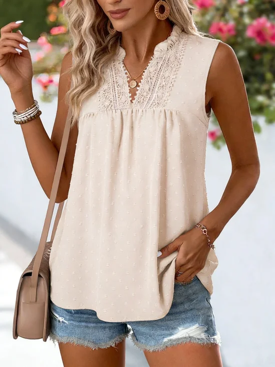 Dots Jaquard V-Neck Ruffle Sleeveless Lace Going Out Casual Top