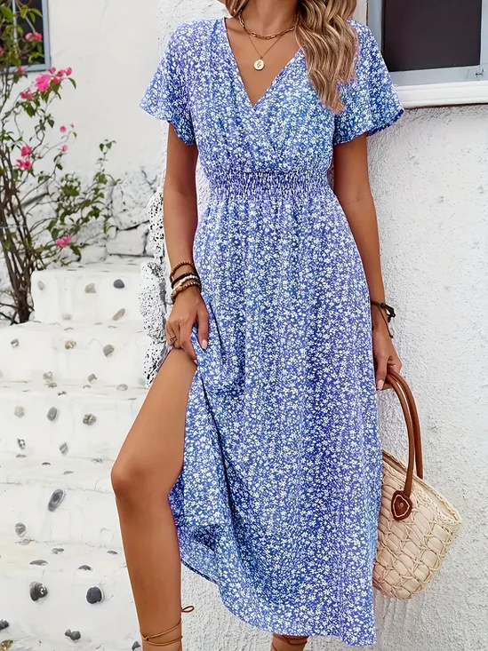 Floral Printed V Neck Short Sleeve Smock Detail Spring Summer Casual Maxi Dress