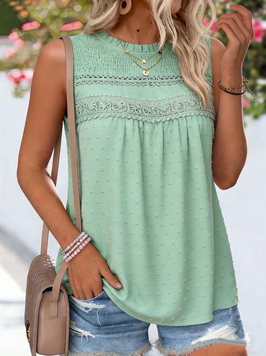 Dots Jaquard Look Crew Neck Ruffle Sleeveless Smock Detail Lace Block Going Out Casual Top