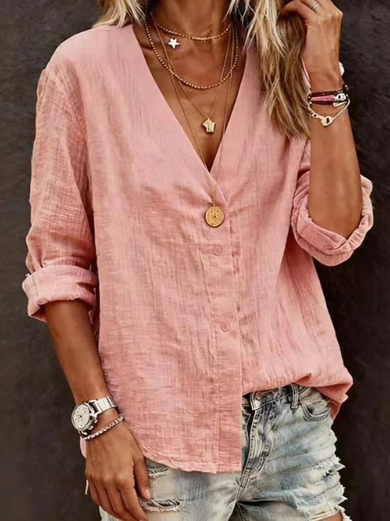 Casual Plain Loose V Neck Shirt