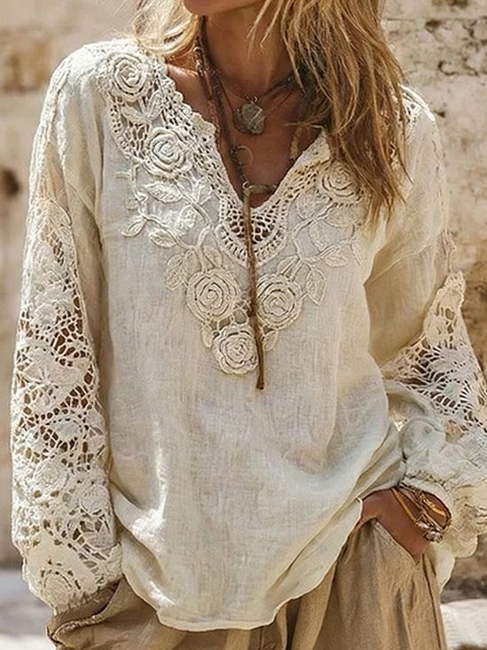 Lace Block Casual Plain V Neck Going Out Boho Top