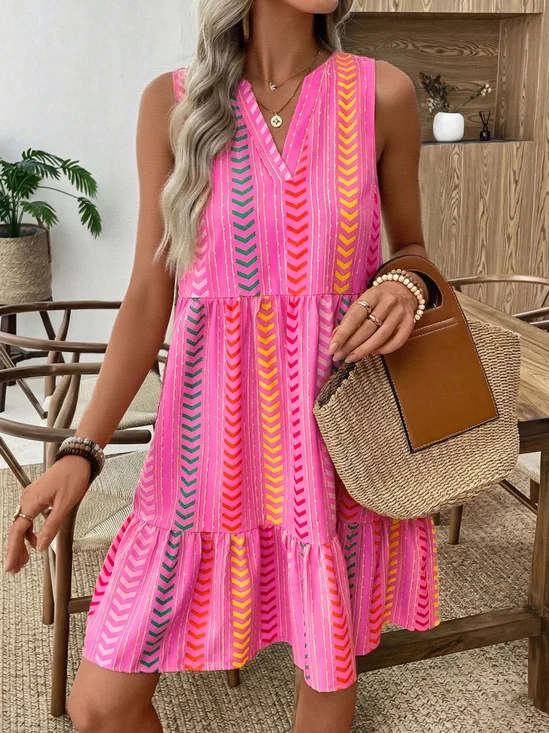 Women Geometric Printed Sleeveless V Neck Summer Boho Dress