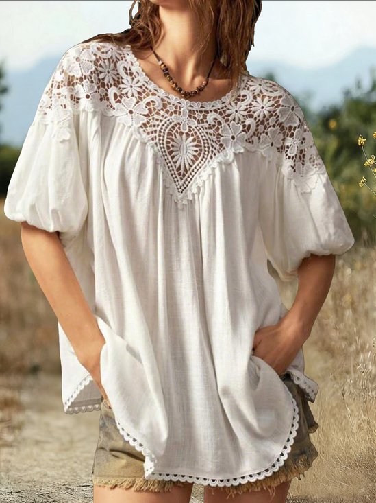 Polyester Cotton Lace Patchwork Crew Neck Puff Sleeve Western Style Summer Spring Going Out Blouse
