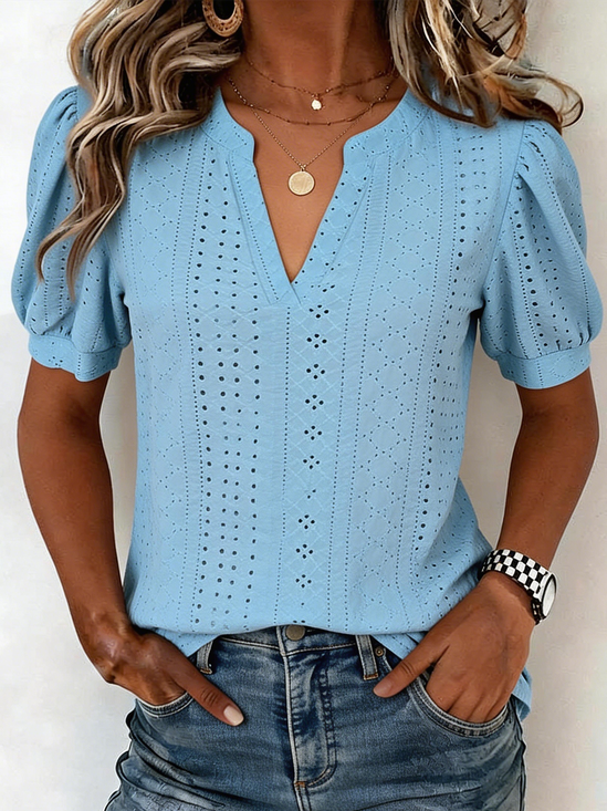 Women Plain V Neck Elegant Short Sleeve T-shirt