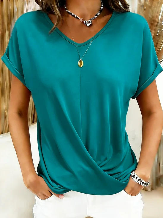 Women Plain V Neck Elegant Short Sleeve T-shirt