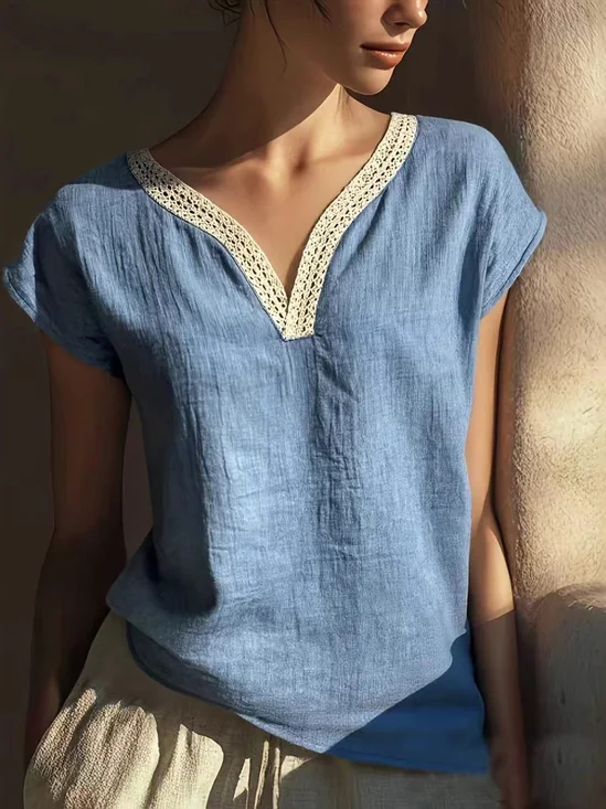 Cotton And Linen Casual Plain V Neck Blouse