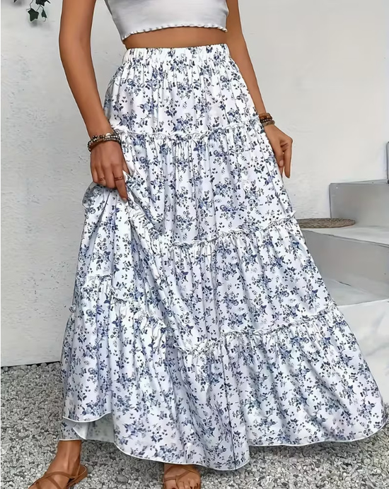 Floral Elastic Waist Ruffle A-Line Summer Casual Maxi Skirt