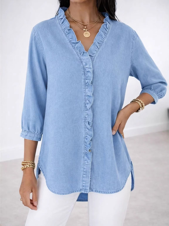 Denim Look/DenimEffect The Quarter Sleeve V Neck Ruffle Spring Summer Casual Blouse