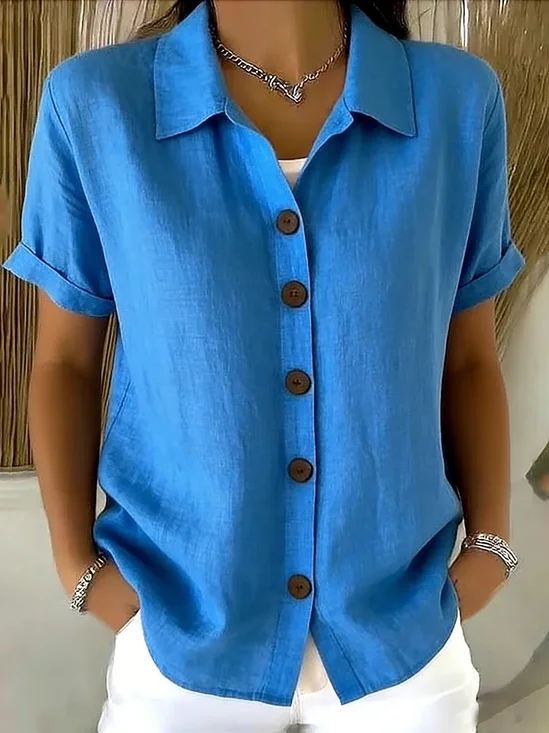 Shirt Collar Simple Regular Fit Linen Blend Shirt
